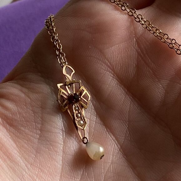 💛 10k Antique Garnet & Pearl Necklace - Picture 7 of 7